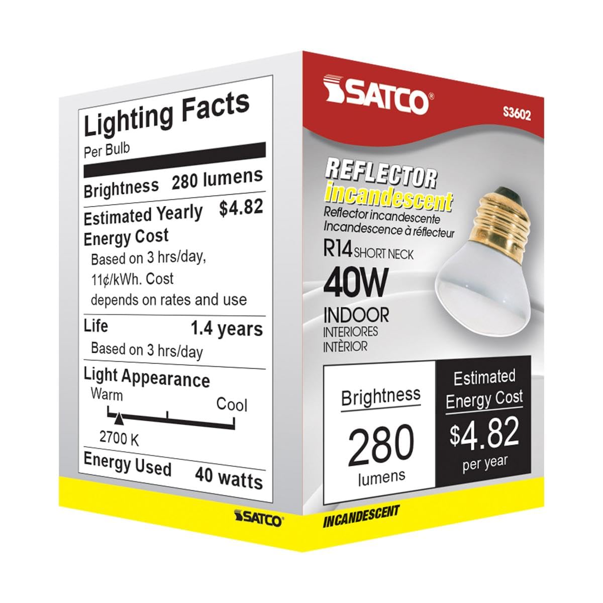 Satco 40R14 Incandescent Reflector, 40W E26 R14 Stubby, Clear Bulb