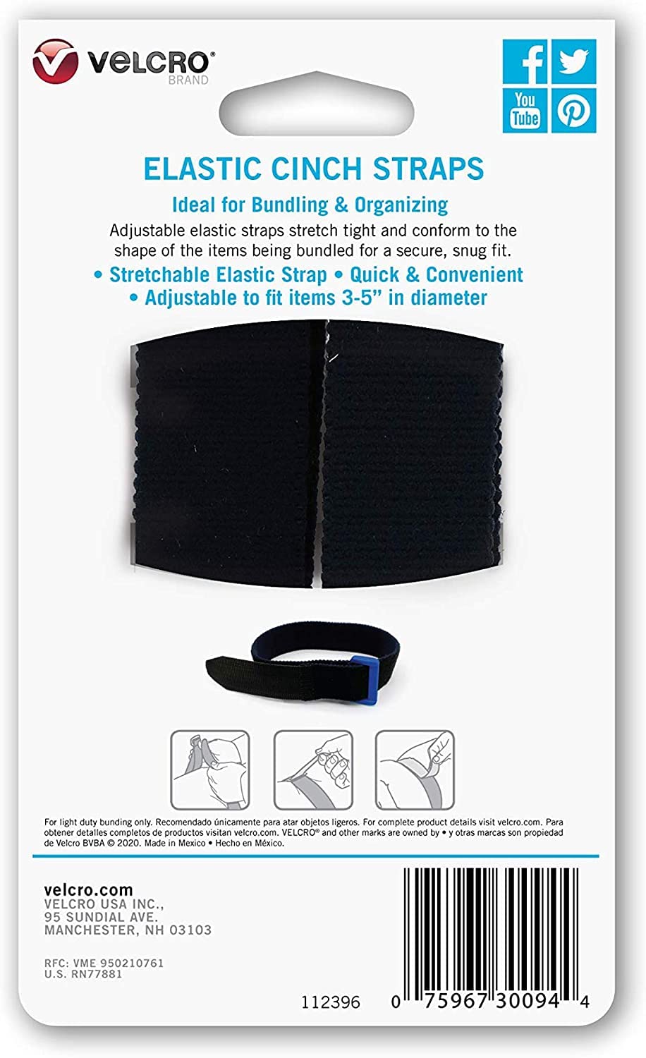 VELCRO Brand Elastic Cinch Straps with Buckle | 15in x 1in, 2 Count | Adjustable and Stretch for Snug Fit | for Fastening Power Cords Organizing Camping Equipment, More | Black (VEL-30094-USA)