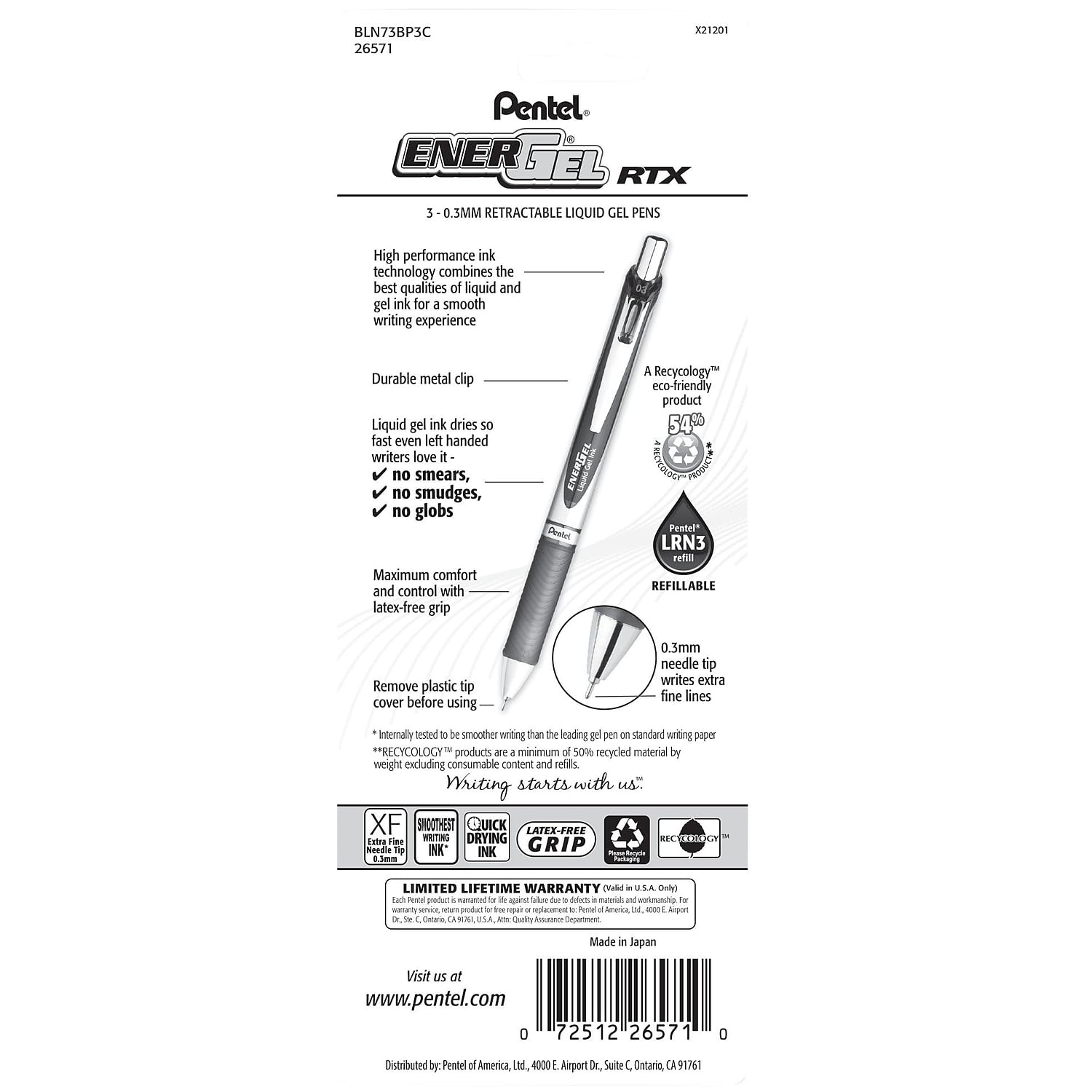 Pentel EnerGel RTX Retractable Liquid Gel Pen, (0.3mm), Needle Tip, Extra Fine Line, Blue Ink, Pack of 3 (BLN73BP3C)