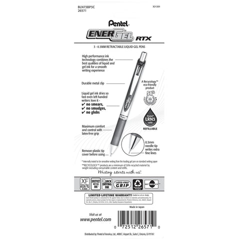 Pentel EnerGel RTX Retractable Liquid Gel Pen, (0.3mm), Needle Tip, Extra Fine Line, Blue Ink, Pack of 3 (BLN73BP3C)