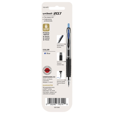 Uniball Signo 207 Gel Pens, 0.7mm Medium Blue, 2 Pack, Archival-Quality Ink, Quick-Drying, Water-Resistant, Stainless Steel Tip