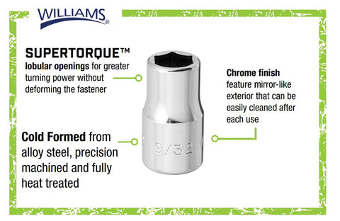 Williams JHWM-605 SUPERTORQUE 1/4" Drive Shallow Socket, 6 Point, 5/32-Inch Size, High-Polished Chrome Finish, Designed For Use On 6 Point Fasteners