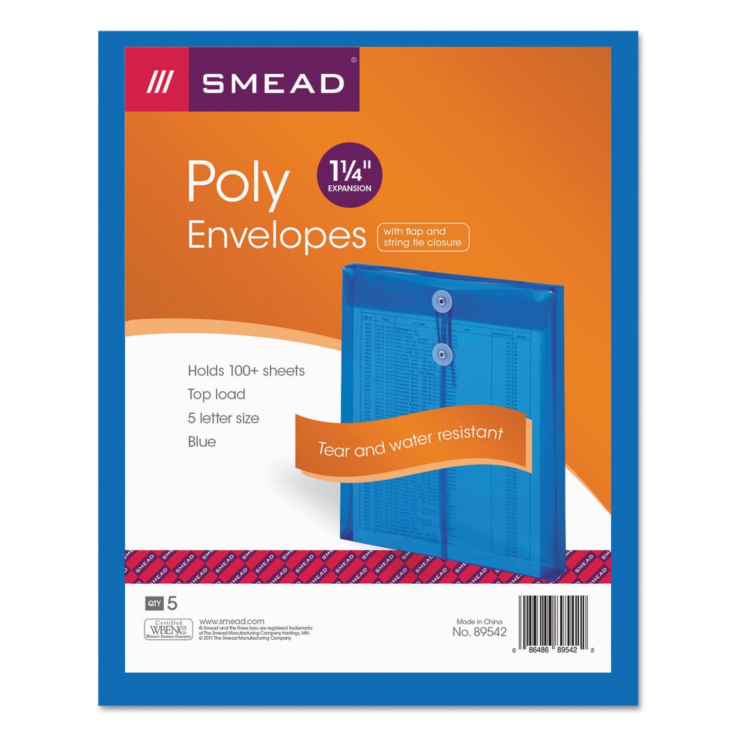 Smead Poly Envelope, 1-1/4" Expansion, String-Tie Closure, Top Load, Letter Size, Blue, 5 per Pack (89542)
