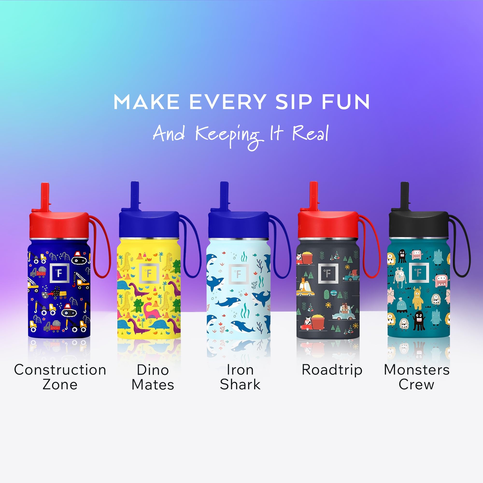 IRON °FLASK Kids Water Bottle - Straw Lid, 20 Name Stickers, Vacuum Insulated Stainless Steel, Double Walled Tumbler Travel Cup, Mug - Construction Zone, 14 Oz