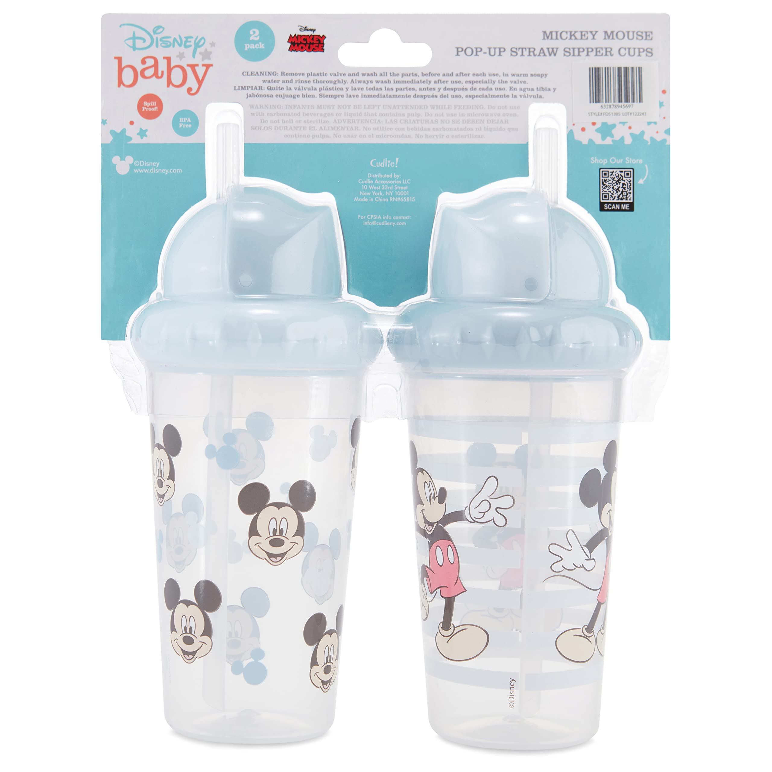 Disney Toddler Sippy Cups for Boys and Girls | 10 Ounce Sippy Cup Pack of Two with Straw and Lid | Durable Blue Leak Proof Travel Water Bottle for Toddlers