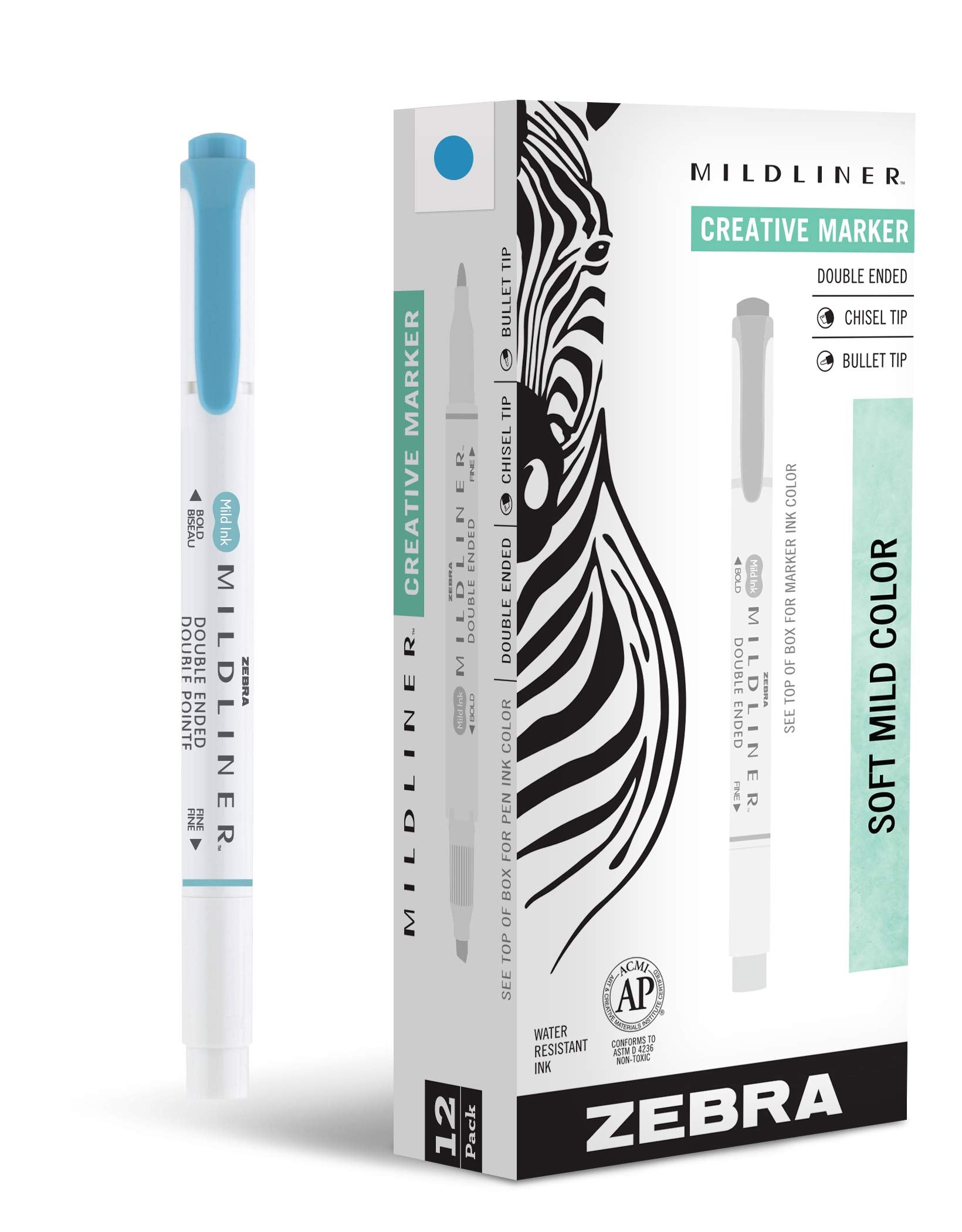 Zebra Pen Mildliner Dual-Tip Highlighters, Broad and Fine Tips, Ideal for Bible Highlighting, No Bleed, School Supplies, Teacher Supplies, and Office Supplies, Mild Smoke Blue Ink, 12-Pack (78420upc)