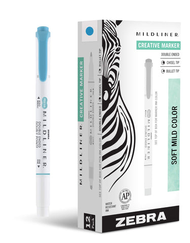 Zebra Pen Mildliner Dual-Tip Highlighters, Broad and Fine Tips, Ideal for Bible Highlighting, No Bleed, School Supplies, Teacher Supplies, and Office Supplies, Mild Smoke Blue Ink, 12-Pack (78420upc)