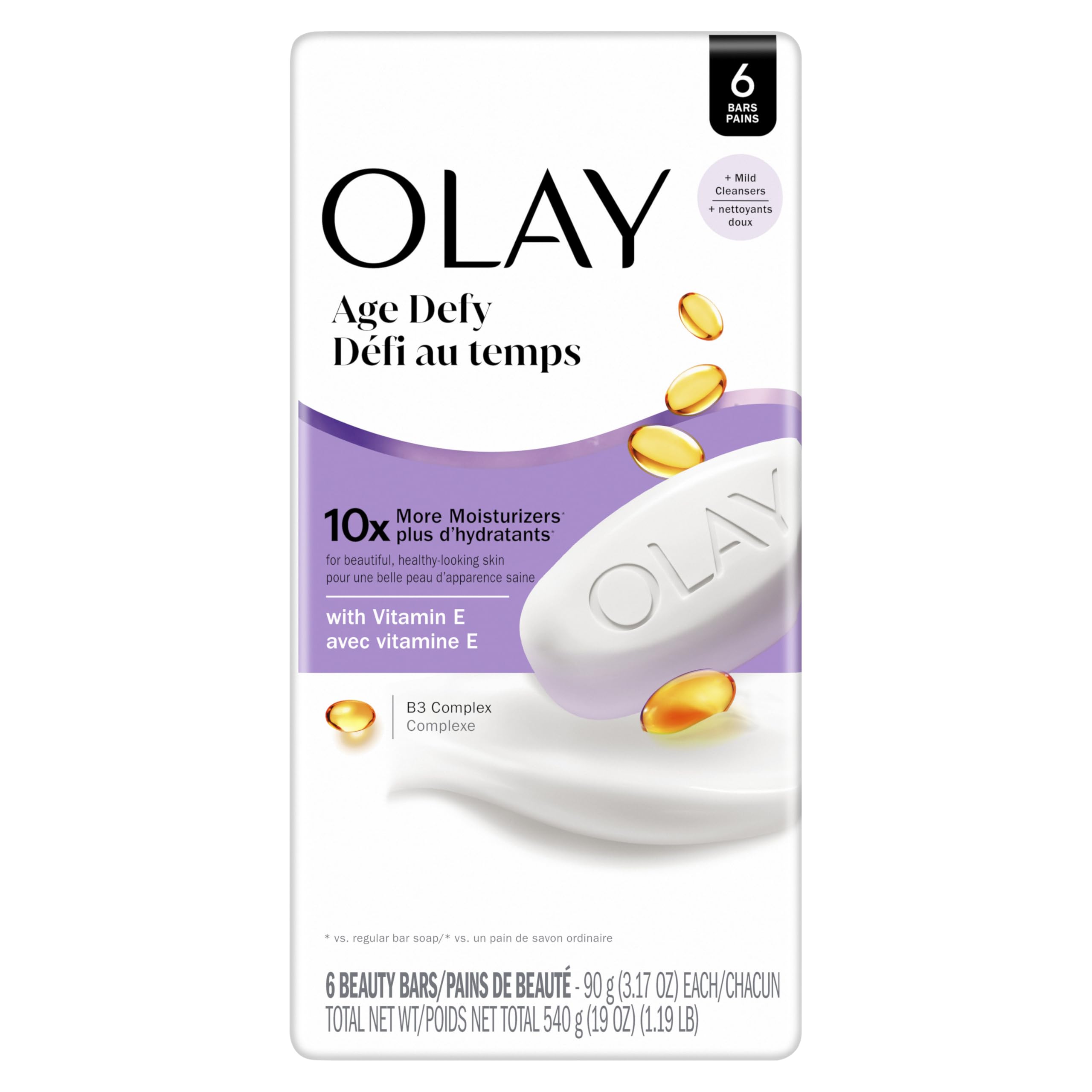 Olay Beauty Bar, Age Defying, 10x More Moisturizers, Smooth & Gentle on Skin, Vitamin E & Vitamin B3 Complex, For All Skin Types, Shea Butter Scent, 3.17 oz, (Pack of 6)