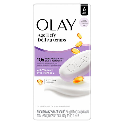 Olay Beauty Bar, Age Defying, 10x More Moisturizers, Smooth & Gentle on Skin, Vitamin E & Vitamin B3 Complex, For All Skin Types, Shea Butter Scent, 3.17 oz, (Pack of 6)