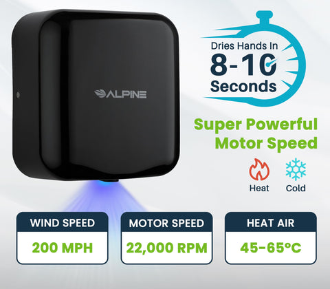 Alpine Commercial Automatic Hand Dryer - High Speed Air Hand Dryer for Home, Restaurant, Bathroom, and High Traffic Areas. 1800 Watts / 110-120 Volts (Black)