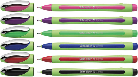 Schneider Xpress Premium Fineliner, 0.8 mm Porous Point, Light Green Barrel, Assorted Ink Colors, Wallet of 6 Pens: Black, Red, Blue, Green, Violet, Pink (190086)