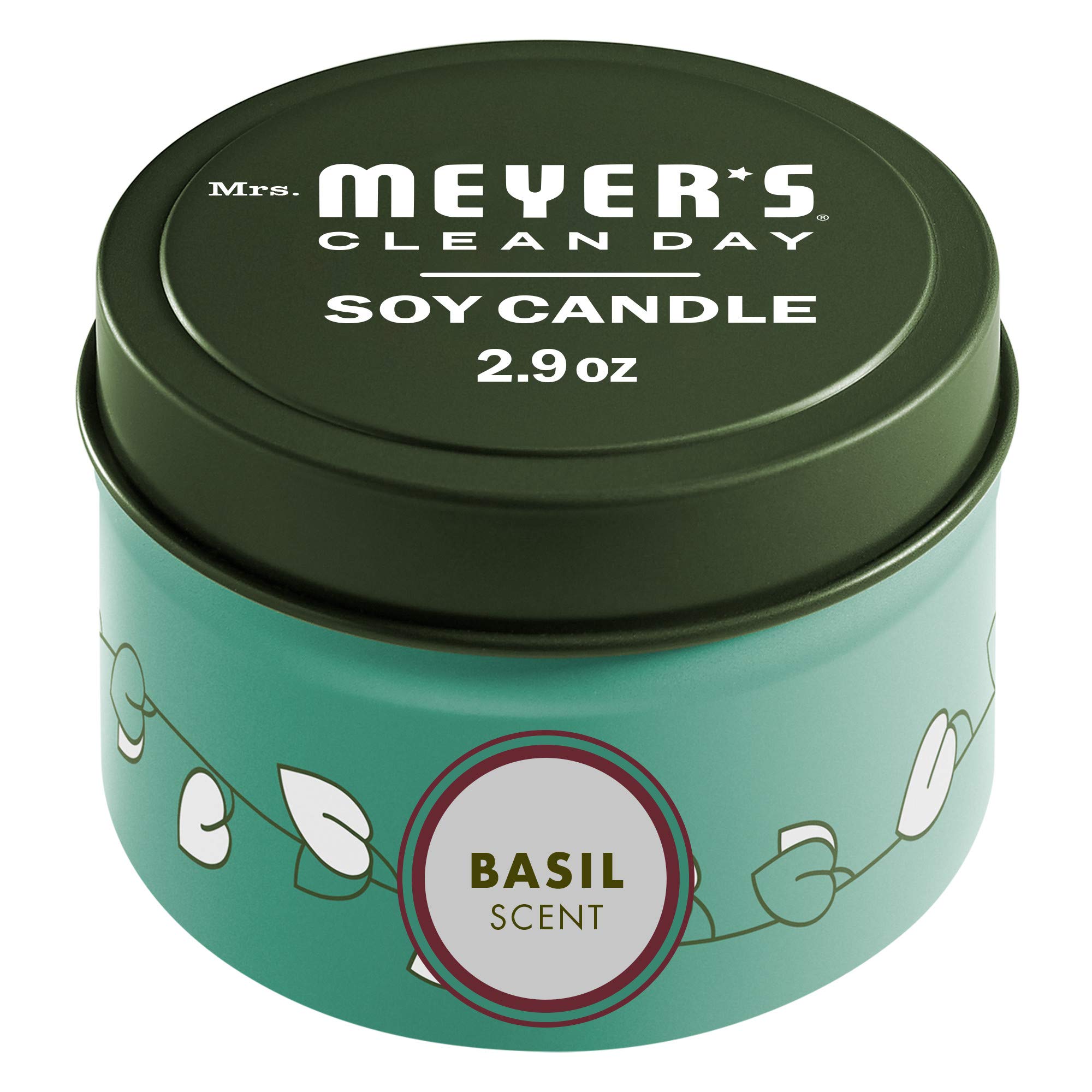 MRS. MEYER'S CLEAN DAY Soy Tin Candle, 12 Hour Burn Time, Made with Soy Wax and Essential Oils, Basil, 2.9 oz