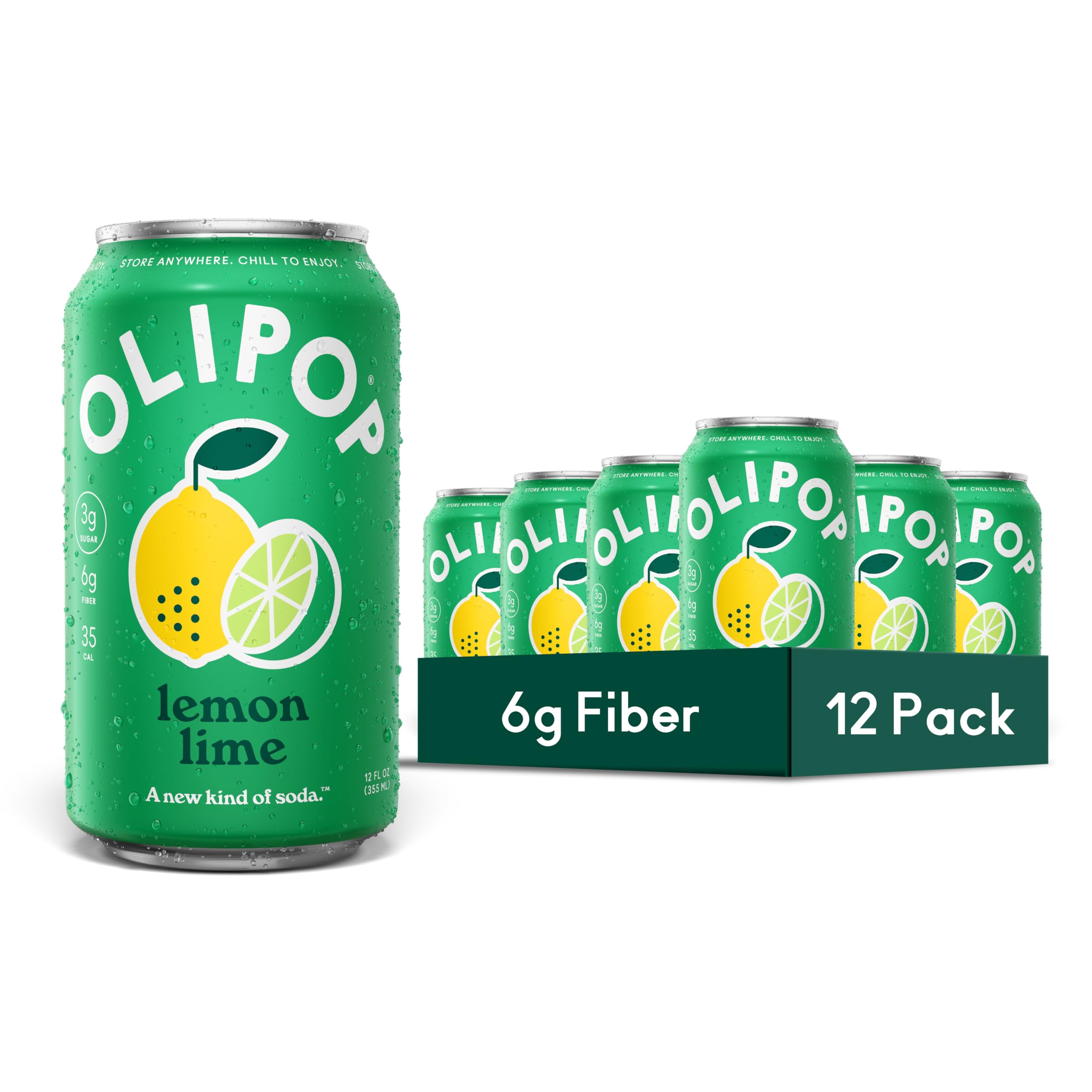 OLIPOP Prebiotic Soda Pop, Lemon Lime, Pantry Pack Packed with Prebiotics, Fiber, and Botanicals, Gluten Free, GMO Free, 12oz (12-Cans)