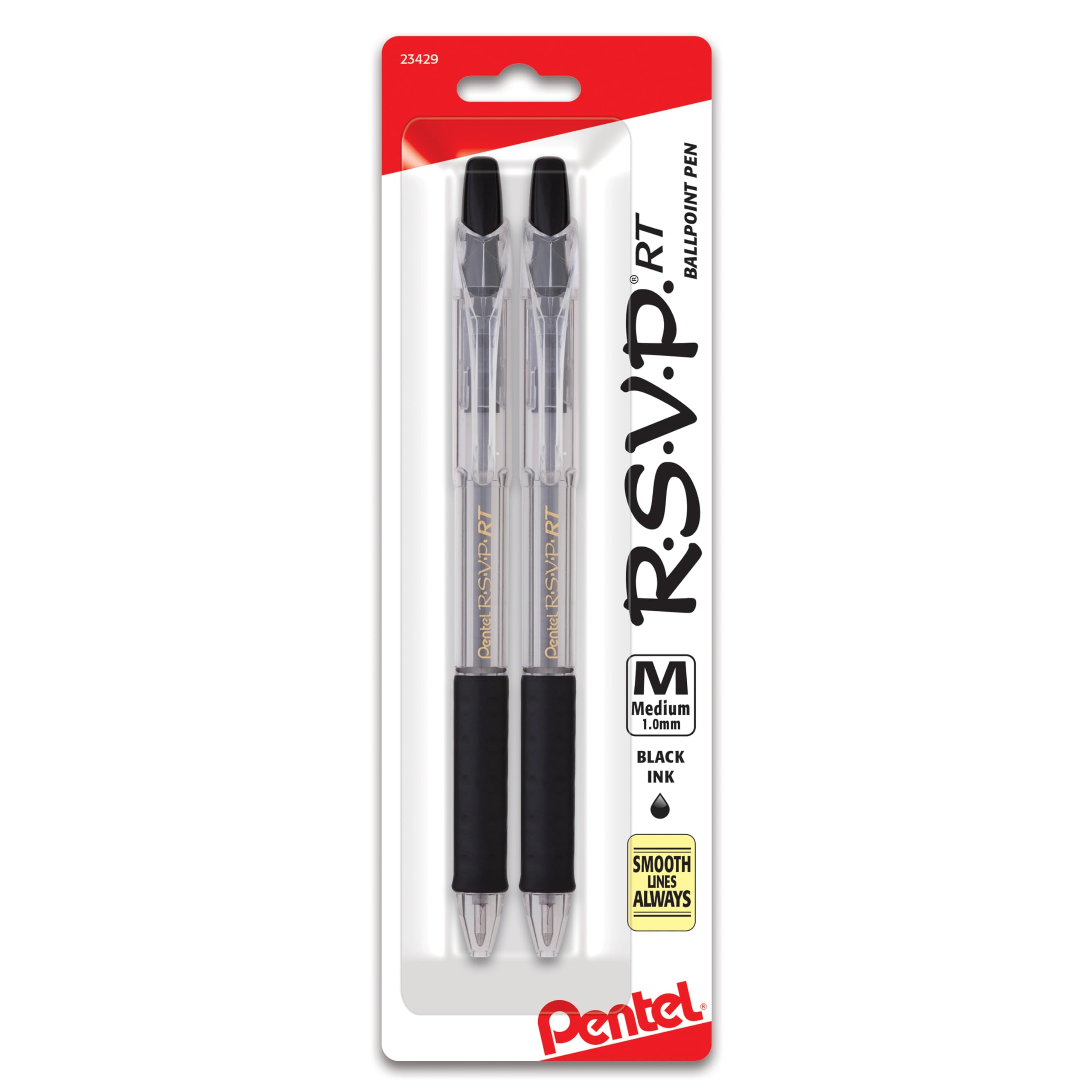 Pentel RSVP RT Retractable Ballpoint Pen, (1.0mm) Medium Line, Black Ink, Pack of 2 (BK93BP2A)