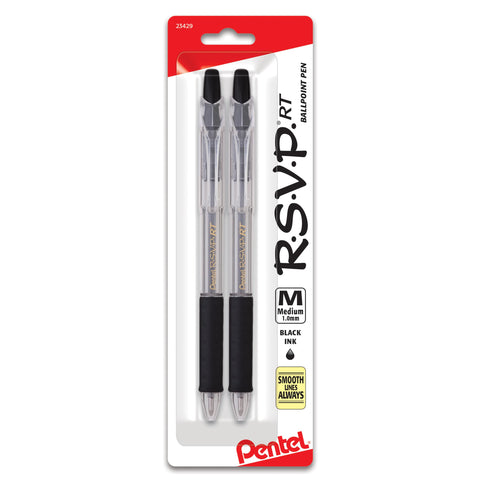 Pentel RSVP RT Retractable Ballpoint Pen, (1.0mm) Medium Line, Black Ink, Pack of 2 (BK93BP2A)