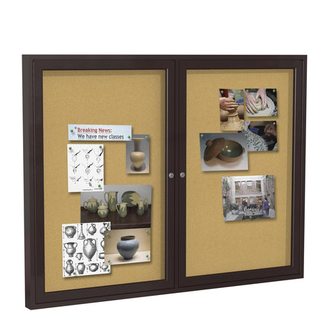 Ghent 36"x60" 2-Door indoor Enclosed Bulletin Board , Shatter Resistant, with Lock, Bronze Aluminum Frame - Natural Cork (PB23660K) Made in the USA