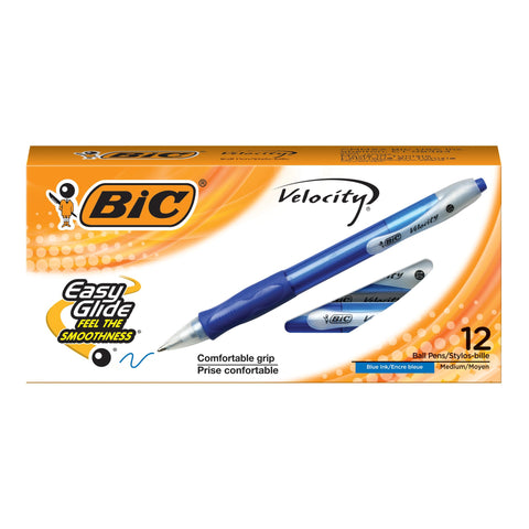 BIC Velocity Retractable Ballpoint Pens, Medium Point (1.0 mm), Blue Ink Pens, 12-Count Pack, With Comfortable Grip