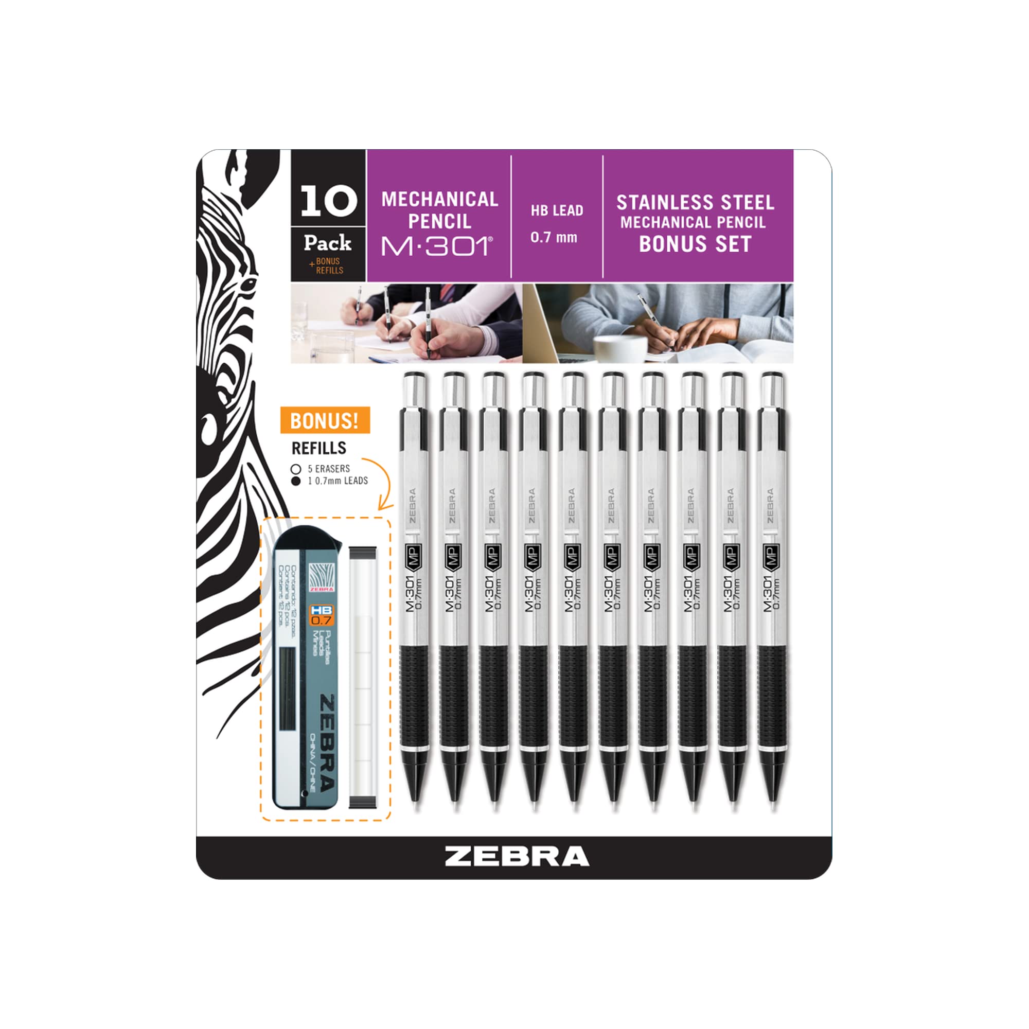 Zebra Pen, M-301 Mechanical Pencil, 0.7mm Point, Stainless Steel Barrel, Textured Grip, Smooth Writing Performance, Refillable, STEEL Series, 10-Count, (54319)