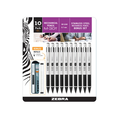 Zebra Pen, M-301 Mechanical Pencil, 0.7mm Point, Stainless Steel Barrel, Textured Grip, Smooth Writing Performance, Refillable, STEEL Series, 10-Count, (54319)