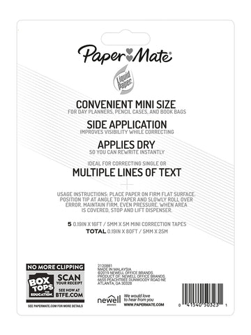 Paper Mate Liquid Paper DryLine Mini Correction Tapes, Mess-Free, Assorted Colors, 5 Count - Home, Office, Teacher Supplies, College Essentials
