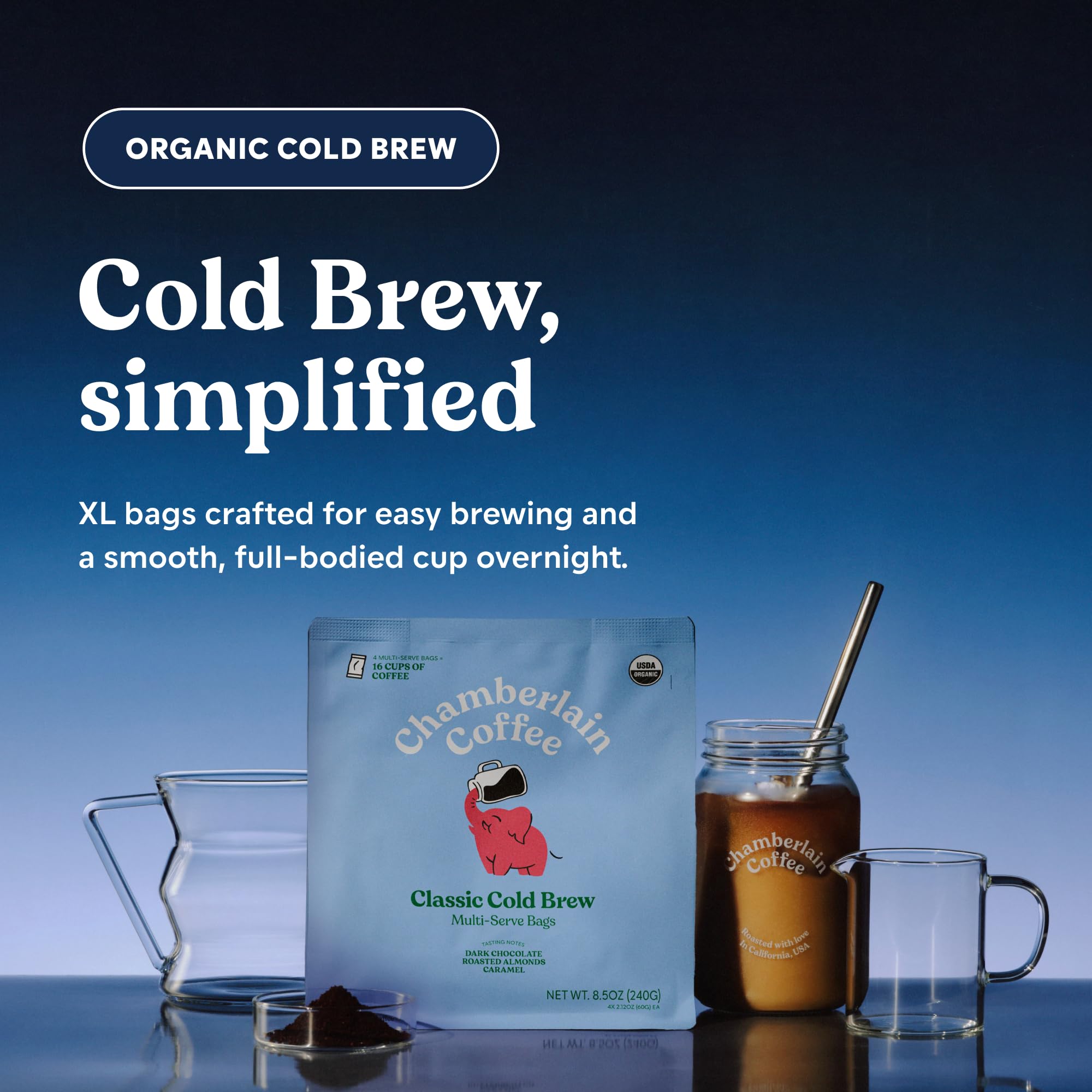 Chamberlain Coffee Organic Cold Brew Large Coffee Bags Medium Roast - Premeasured, Ready to Brew - Makes 4 Cups per Bag - Perfect for Iced Coffee, Convenient and Easy Brewing Experience - 8.5 oz