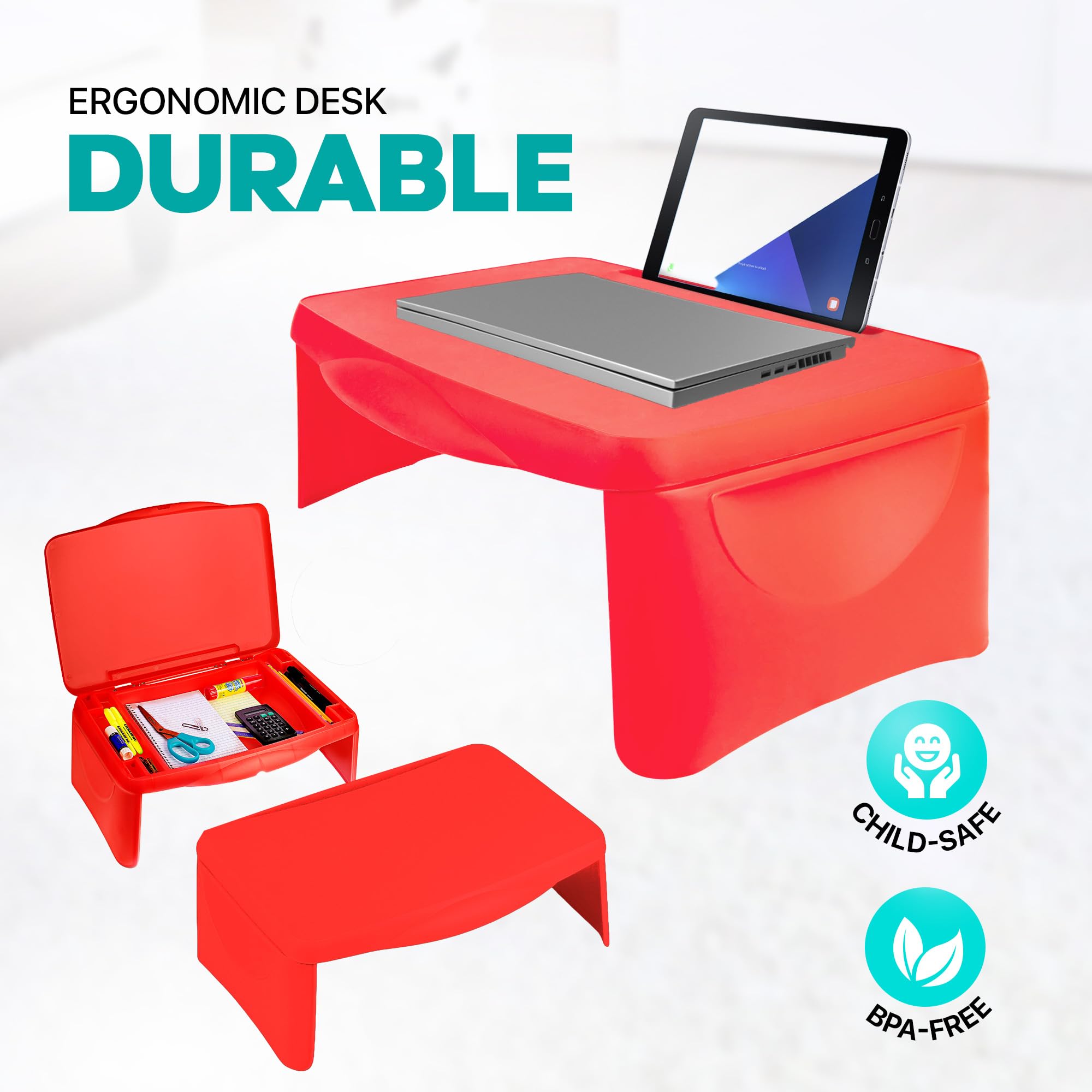MAVOCRAFT Foldable Kids Lap Tray with Storage - Portable Lap Desk Kids & Adults - Kids Lap Desk for Breakfast in Bed, Serving Tray, Car Desk & Gaming (Red)