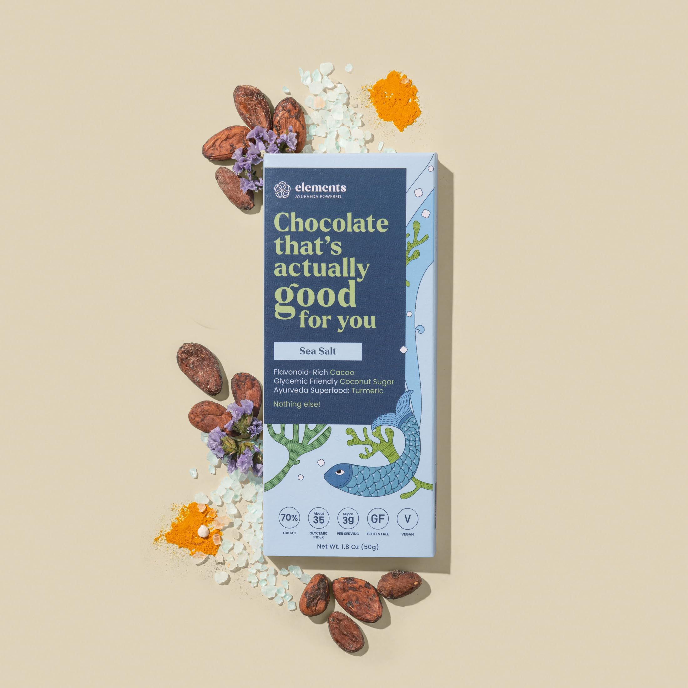 Elements Truffles Sea Salt Flavoured Dark Chocolate Bar| Ayurvedic, Vegan & Gluten Free | No Refined Sugar & Artificial Flavours | Enriched with Cocoa, Coconut Sugar & Turmeric 50g