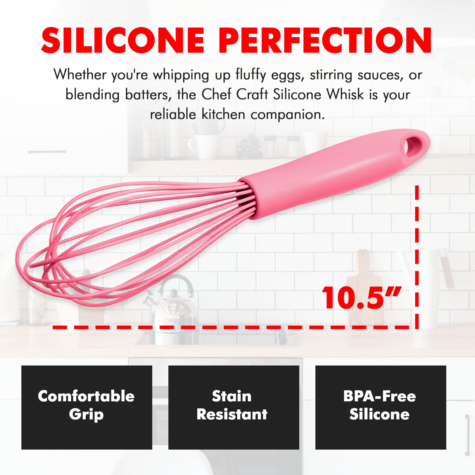 Chef Craft Premium Silicone Wire Cooking Whisk, 10.5 inch, Pink