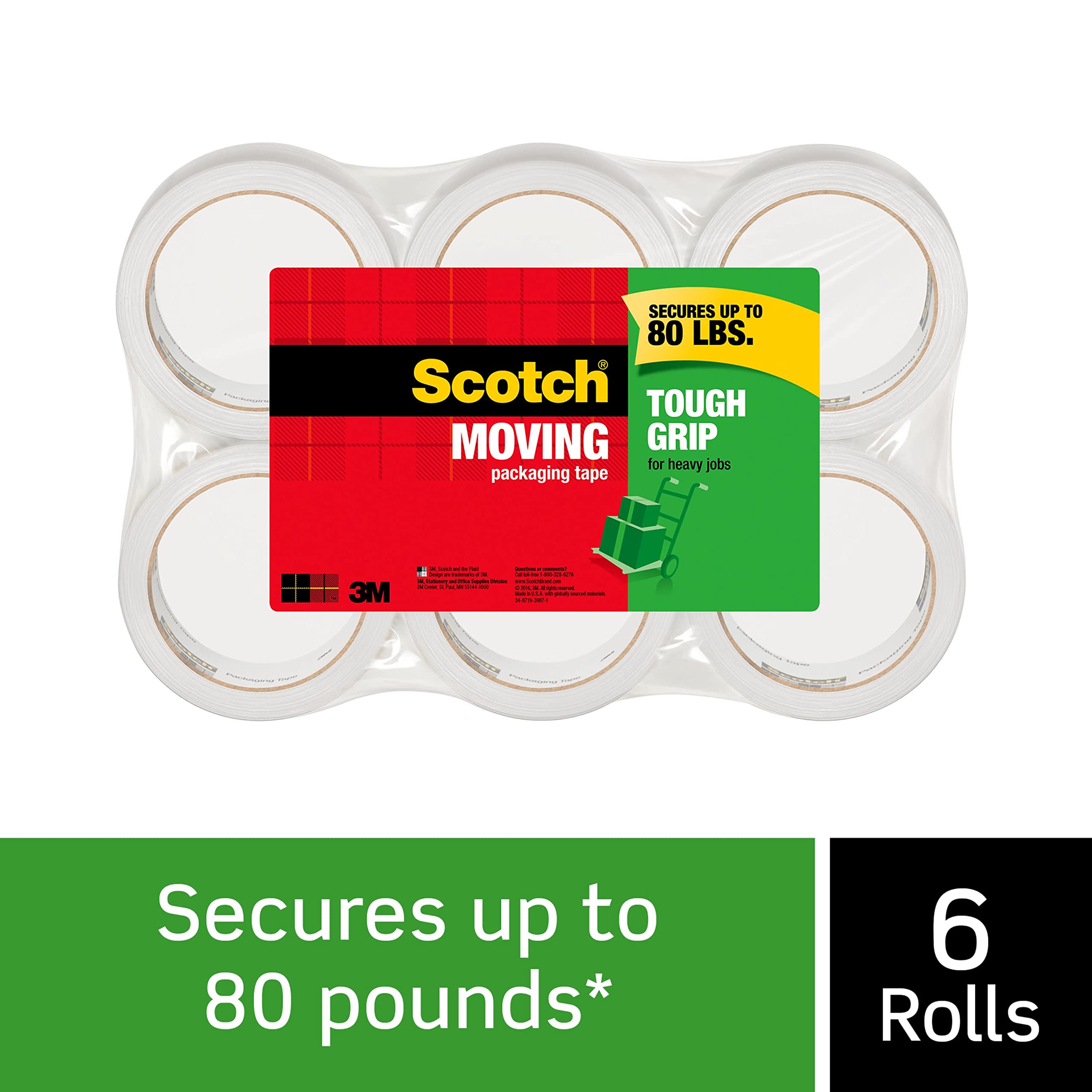 Scotch Tough Grip Moving Packaging Tape, 1.88" x 38.2 yd, Strong Hold on All Box Types Including Recycled, Secures Boxes up to 80 lbs, 3" Core, Clear, 6 Rolls (3500S-6)