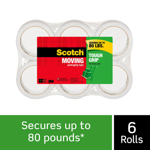 Scotch Tough Grip Moving Packaging Tape, 1.88" x 38.2 yd, Strong Hold on All Box Types Including Recycled, Secures Boxes up to 80 lbs, 3" Core, Clear, 6 Rolls (3500S-6)