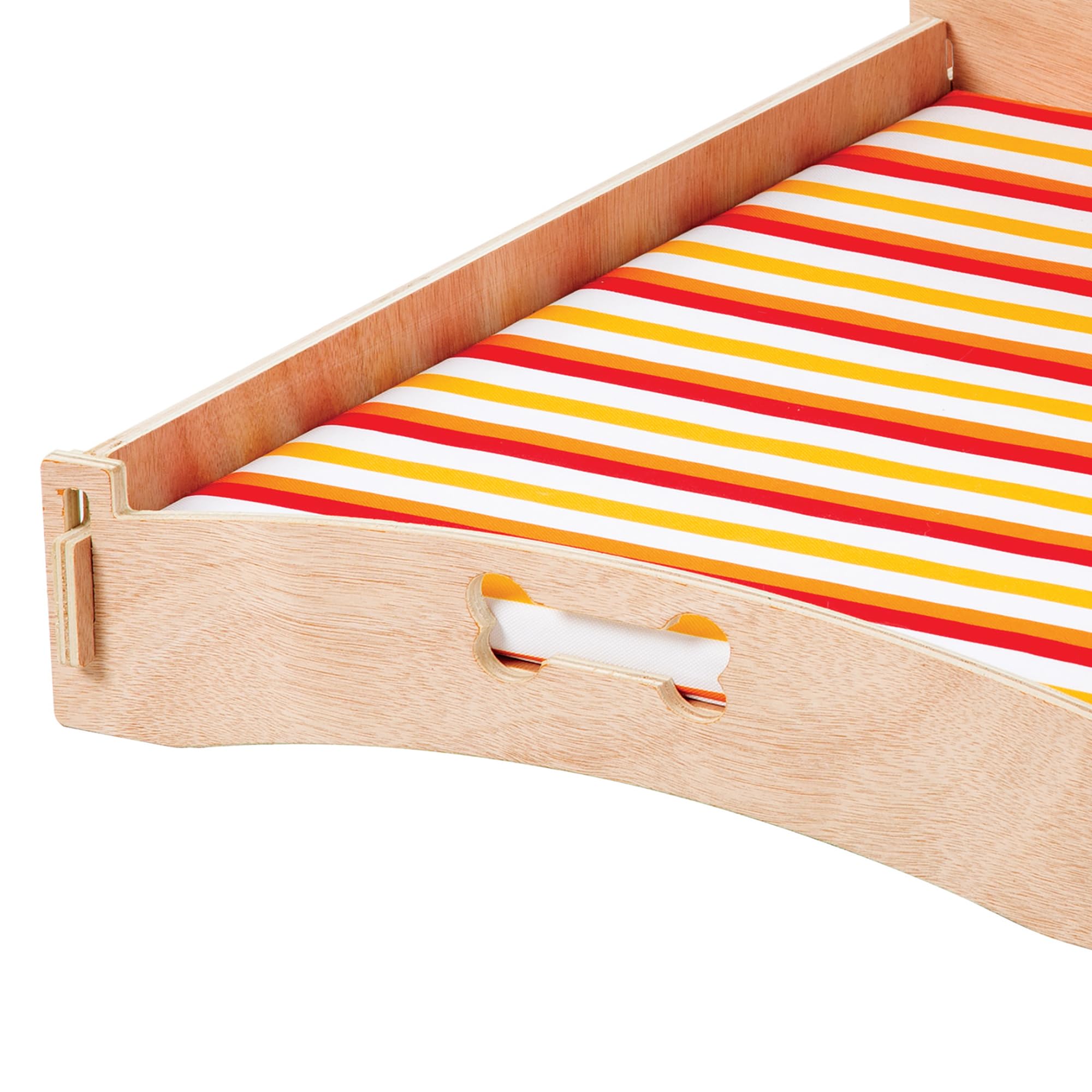 Etna Products Wooden Dog Bed Bone and Footprint Design with Removable Stripe Cushion, Small Pet Bed for Indoor/Outdoor Use 22" L x 16" W x 12" H