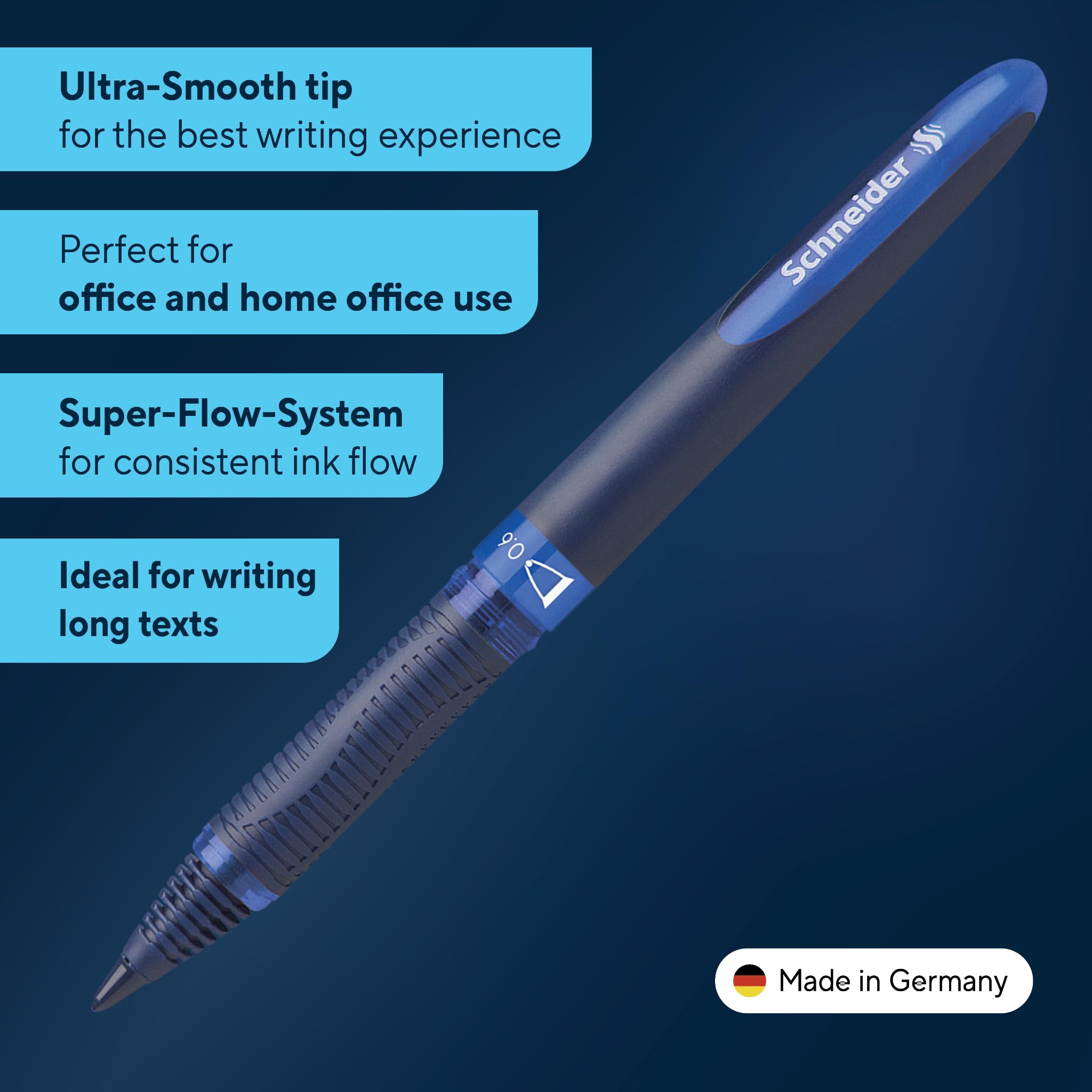 Schneider One Business Rollerball Pen, 0.6 mm Ultra-Smooth Tip, Blue Barrel, Four-Pack, One Each of: Black, Red, Blue, Green (183094)