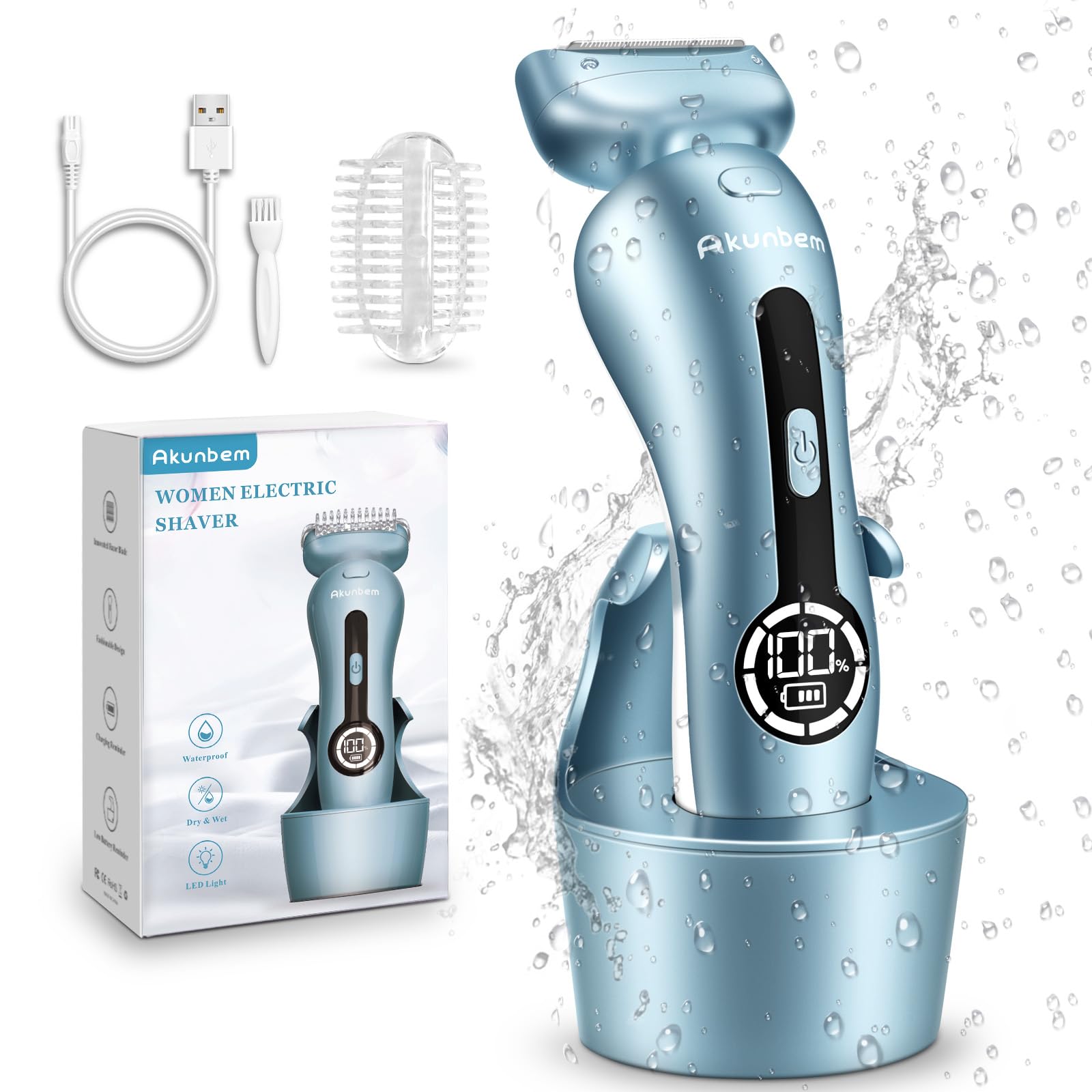 Electric Razors for Women for Legs Bikini Trimmer Electric Shaver for Women Underarm Public Hairs Rechargeable Womens Shaver Wet Dry Use Painless Cordless with Detachable Head (Blue)