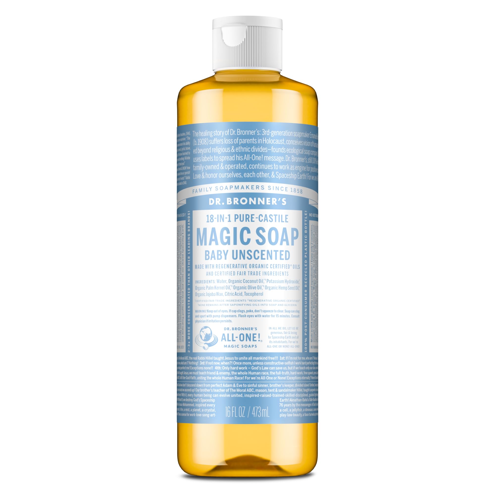Dr. Bronner's Pure-Castile Magic Soap Liquid (Baby Unscented, 16oz) – Made with Regenerative Organic Certified Oils- For Sensitive Skin, Babies, Face, Hair, Laundry, Dishes, Hand Soap & Body Wash