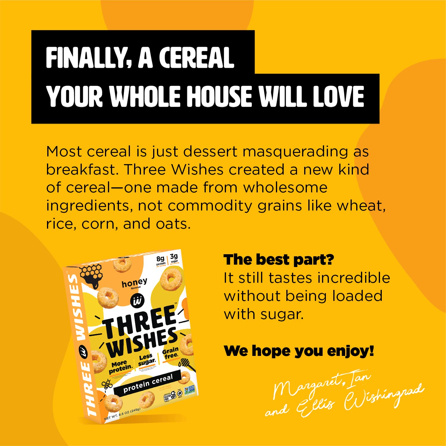 Protein and Gluten-Free Breakfast Cereal by Three Wishes (1-Pack) - High Protein and Low Sugar Snack - Vegan, Kosher, Grain-Free and Dairy-Free - Non-GMO (Honey)