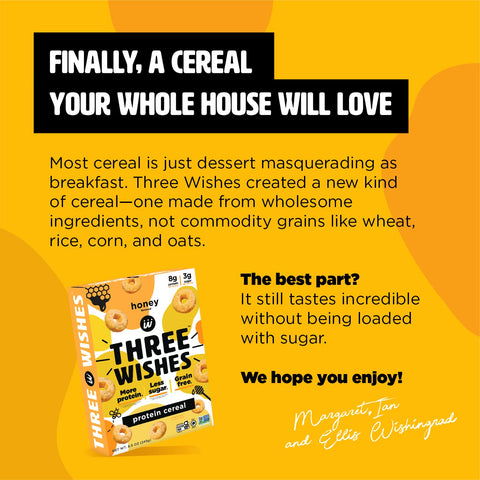 Protein and Gluten-Free Breakfast Cereal by Three Wishes (1-Pack) - High Protein and Low Sugar Snack - Vegan, Kosher, Grain-Free and Dairy-Free - Non-GMO (Honey)