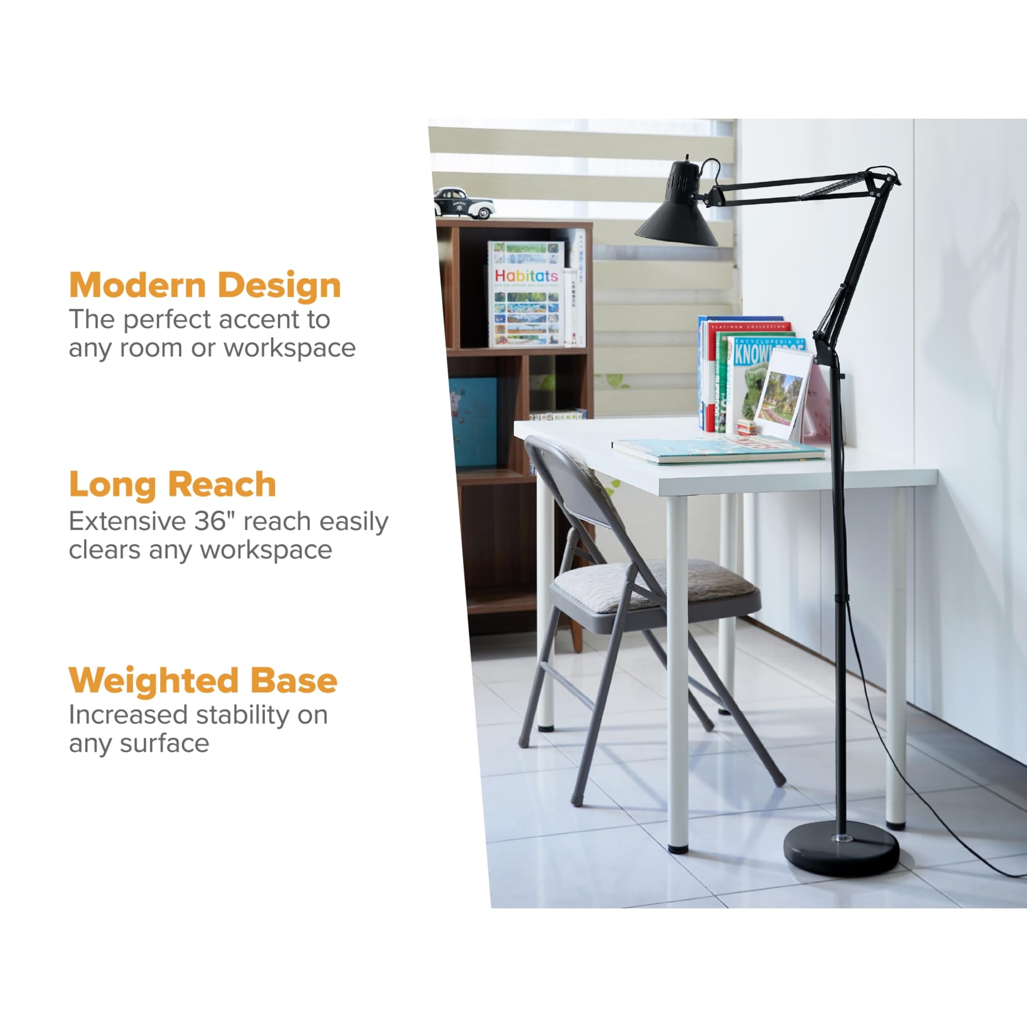 Bostitch Office VLF100F Swing Arm Metal Floor Lamp, 72" Tall with Multi-Joint Adjustment, Includes Replaceable LED Bulb (VLF), Black