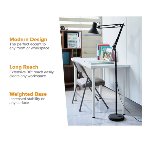 Bostitch Office VLF100F Swing Arm Metal Floor Lamp, 72" Tall with Multi-Joint Adjustment, Includes Replaceable LED Bulb (VLF), Black