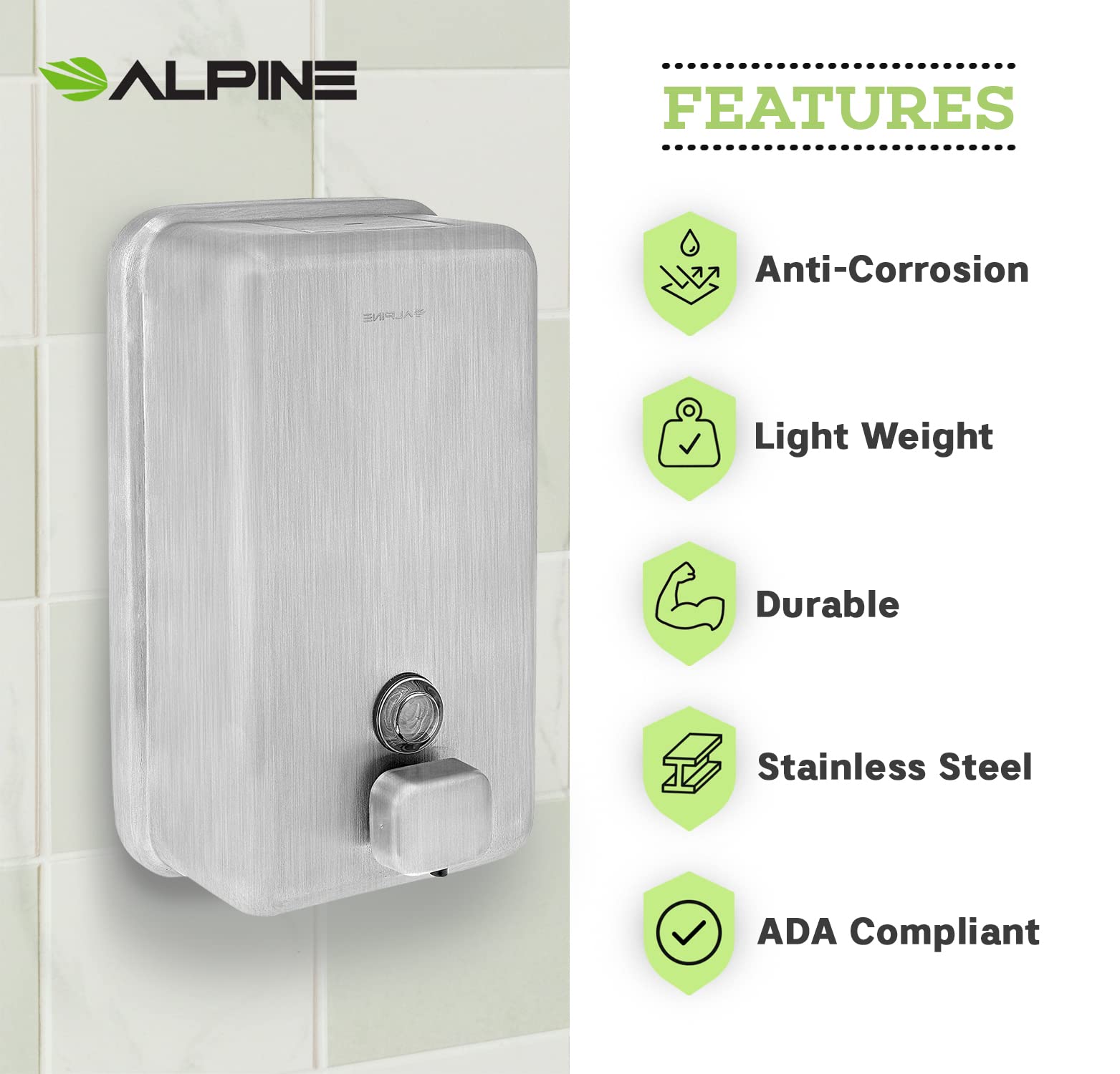 Alpine Industries Manual Stainless Steel Liquid Soap Dispenser, Vertical – 40oz Capacity - Rust Proof Wall Mounted Commercial Handsoap Holder for Office Home & Hotel