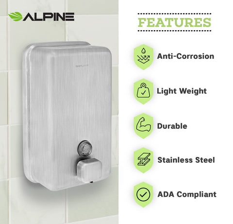 Alpine Industries Manual Stainless Steel Liquid Soap Dispenser, Vertical – 40oz Capacity - Rust Proof Wall Mounted Commercial Handsoap Holder for Office Home & Hotel
