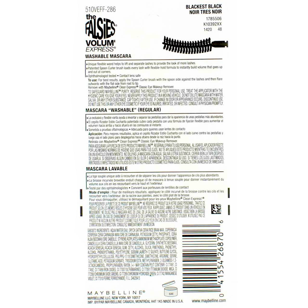Maybelline New York, Volum' Express The Falsies Flared Washable Mascara, Blackest Black 00, 1 Count