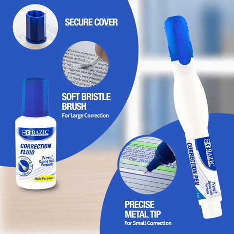 BAZIC Metal Tip Correction Pen & Correction Fluid (2/Pack)
