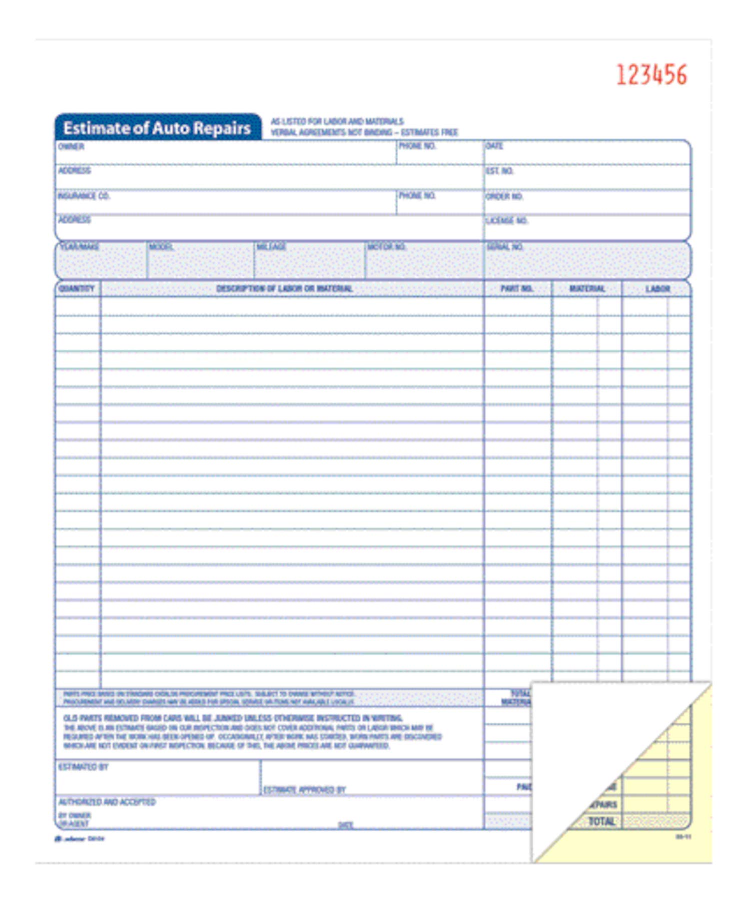 Adams Auto Repair Estimate Book, 2-Part, Carbonless, White/Canary, 8-3/8 x 10-11/16 Inches, 50 Sets per Book (D8104)
