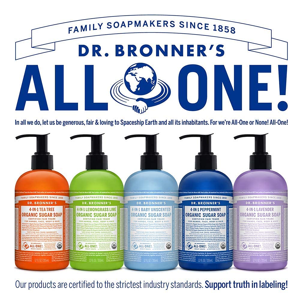 Dr. Bronner's - Organic Sugar Soap (Lavender, 12 Ounce) - Made with Organic Oils, Sugar and Shikakai Powder, 4-in-1 Uses: Hands, Body, Face and Hair, Cleanses, Moisturizes and Nourishes, Vegan