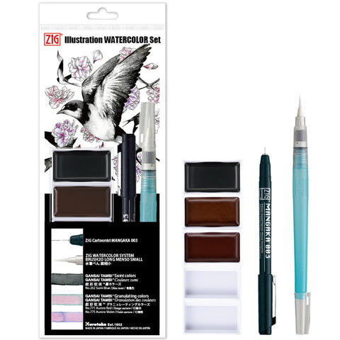 Kuretake Zig illustration watercolor Set, 3 Gansai Tambi, Fineliner and Waterbrush pen, for Inktober, Manga, Drawing, Calligraphy, Professional, Artist, Made in Japan (IKTB-25/7V)
