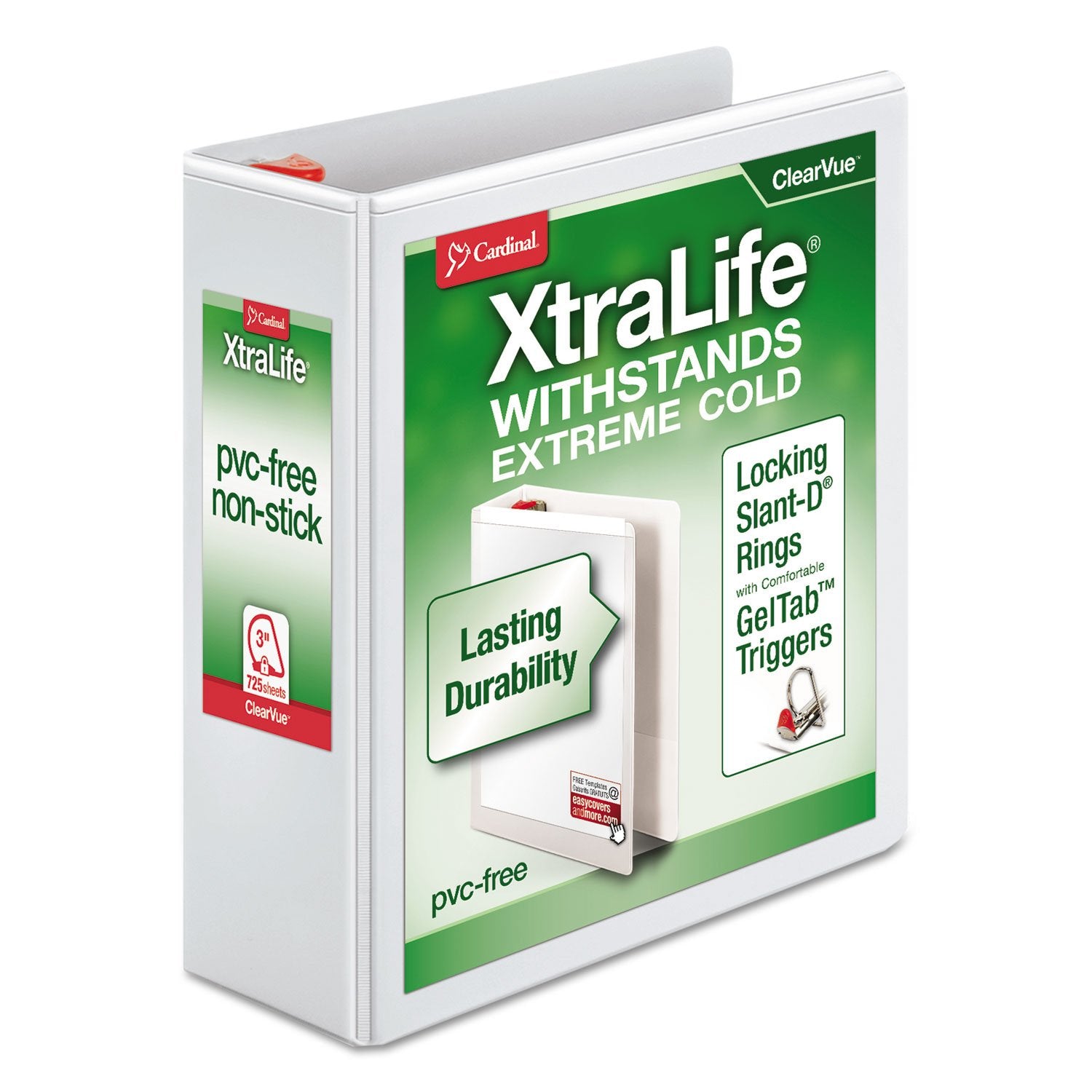 Cardinal 3 Ring Binder, 1.5 Inch Heavy Duty XtraLife Binder, Locking Slant-D Rings, Crack-Resistant Cover & Spine, ClearVue Covers, Holds 375 Sheets, PVC-Free, White (26310)