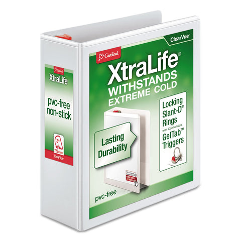 Cardinal 3 Ring Binder, 1.5 Inch Heavy Duty XtraLife Binder, Locking Slant-D Rings, Crack-Resistant Cover & Spine, ClearVue Covers, Holds 375 Sheets, PVC-Free, White (26310)