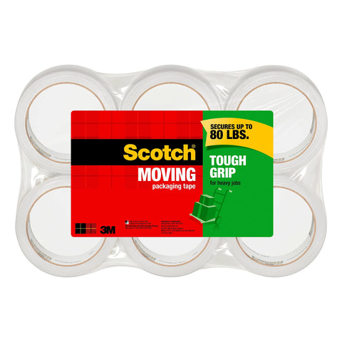 Scotch Tough Grip Moving Packaging Tape, 1.88" x 38.2 yd, Strong Hold on All Box Types Including Recycled, Secures Boxes up to 80 lbs, 3" Core, Clear, 6 Rolls (3500S-6)