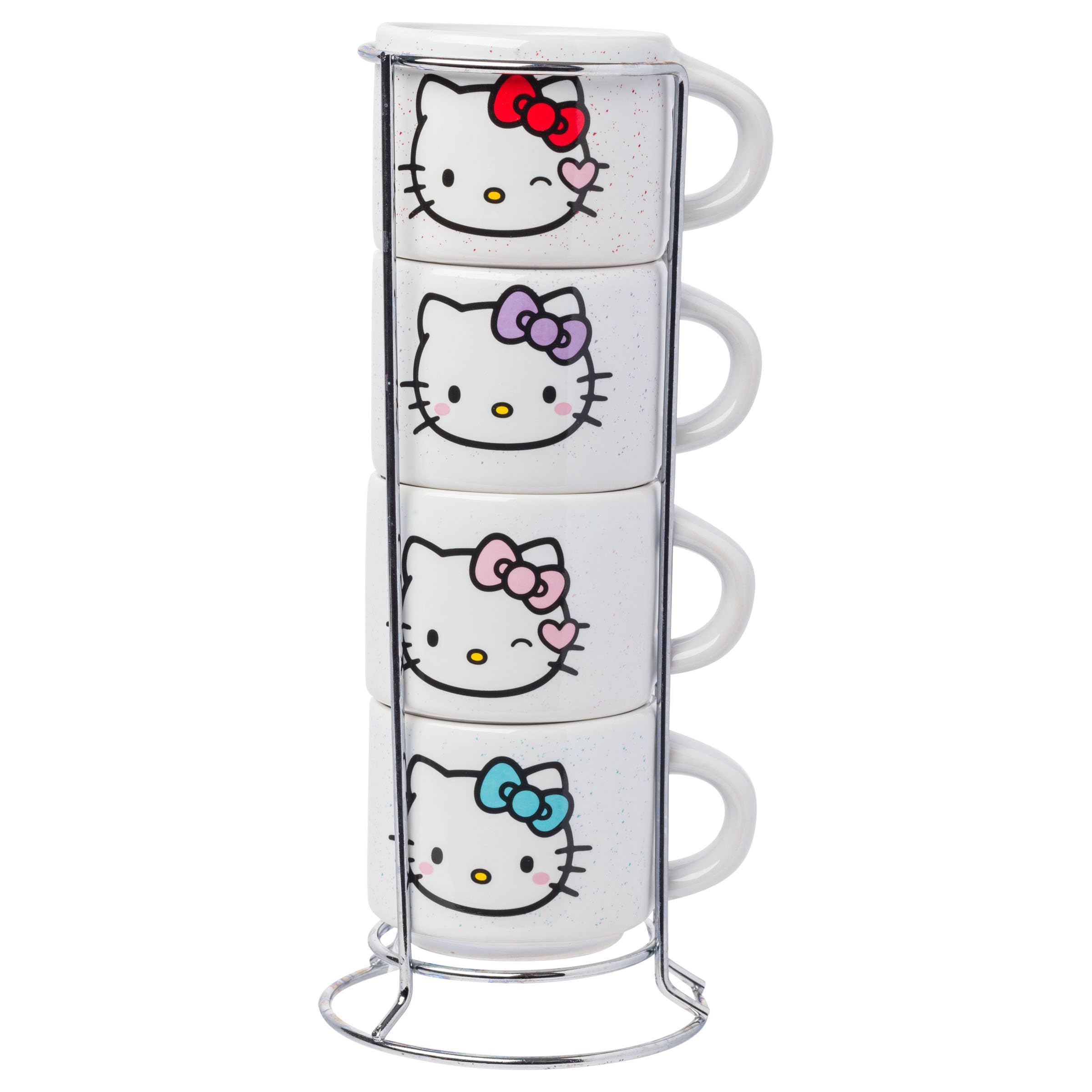 Silver Buffalo Sanrio Hello Kitty Different Colored Bows 4pc Stackable Ceramic Espresso Mug Set with Storage Rack, 3 Ounces
