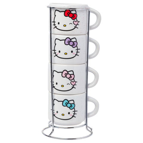 Silver Buffalo Sanrio Hello Kitty Different Colored Bows 4pc Stackable Ceramic Espresso Mug Set with Storage Rack, 3 Ounces